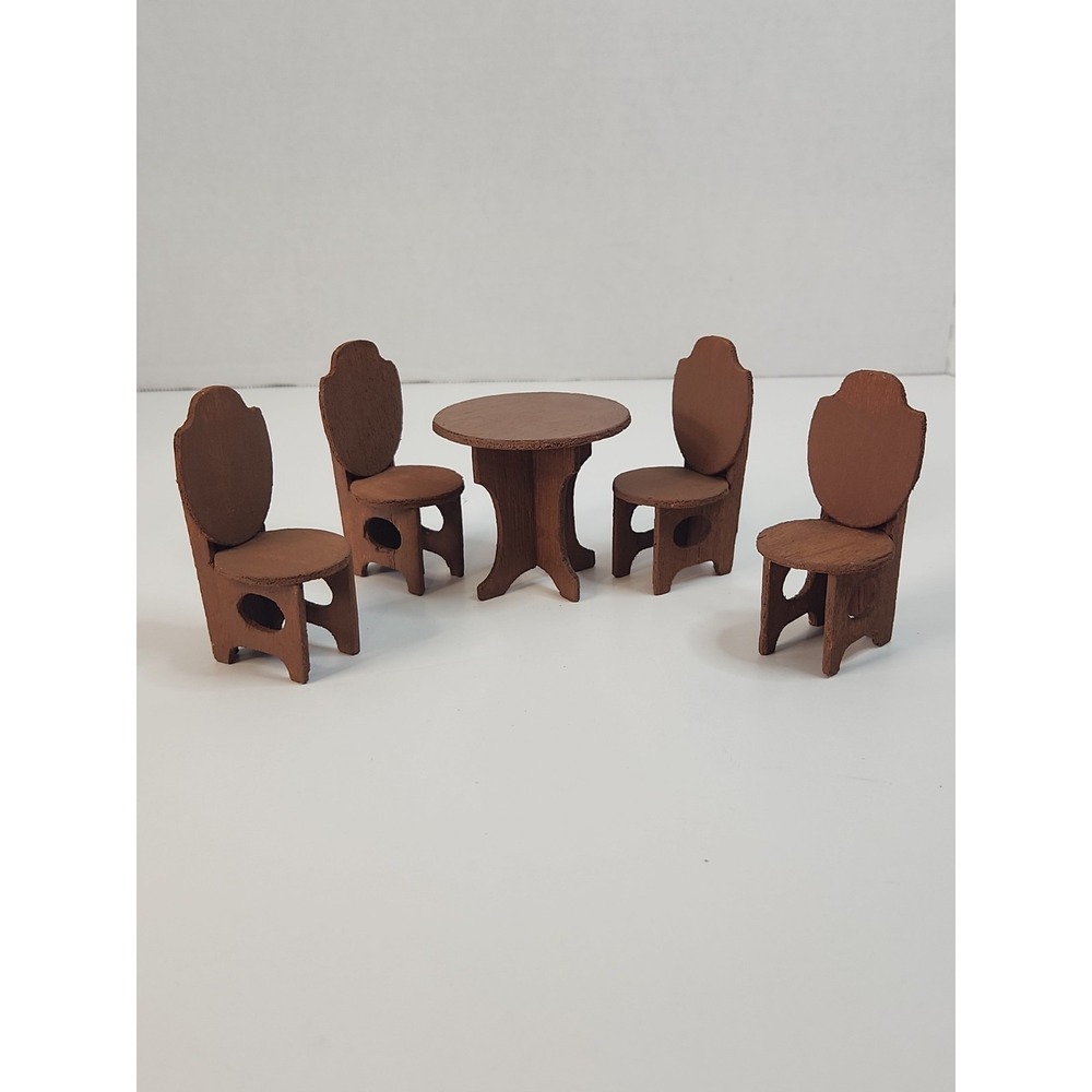 Vtg Dollhouse Miniature Wooden Dining Set Round Table 4 Chairs 1:12 Unbranded